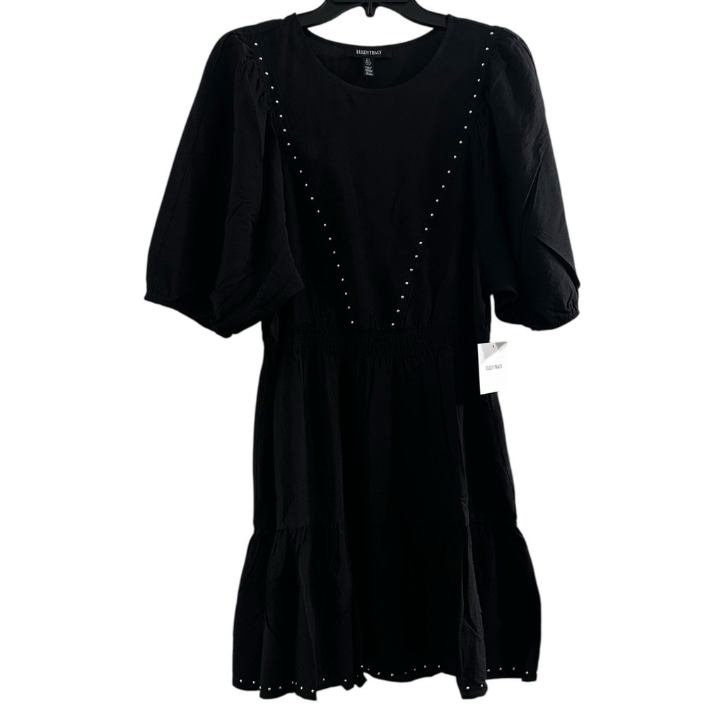 Ellen Tracy Womens Black Studded Crinkle Dress L Retail‎ $109 NWT